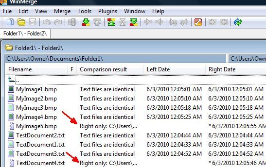Результат сравнения: файлы, присутствующие только в правой папке
