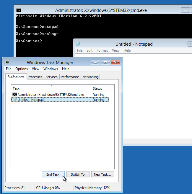 Завершение зависшего процесса Блокнота через Диспетчер задач