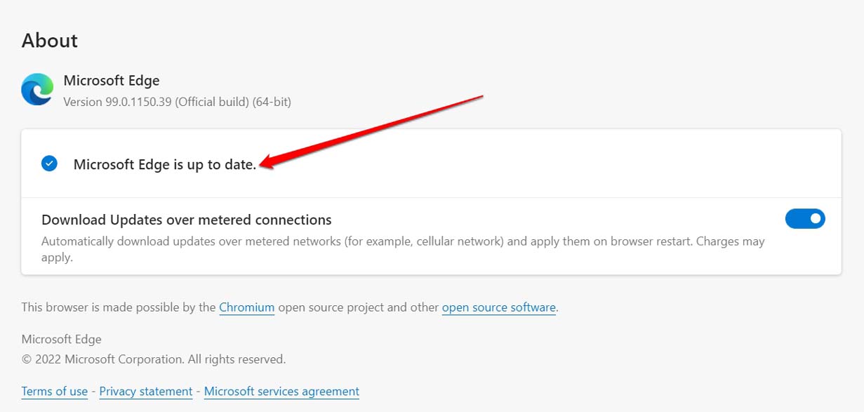 Проверка обновлений Microsoft Edge