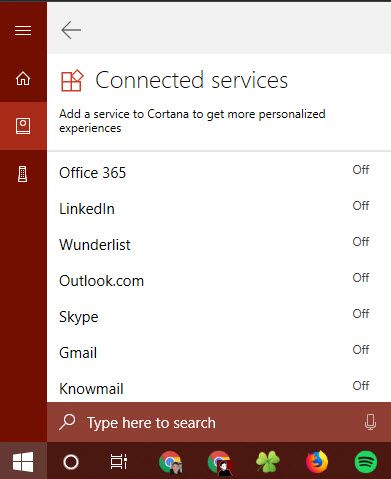 Подключённые сервисы Cortana: Office 365, Outlook.com, Gmail