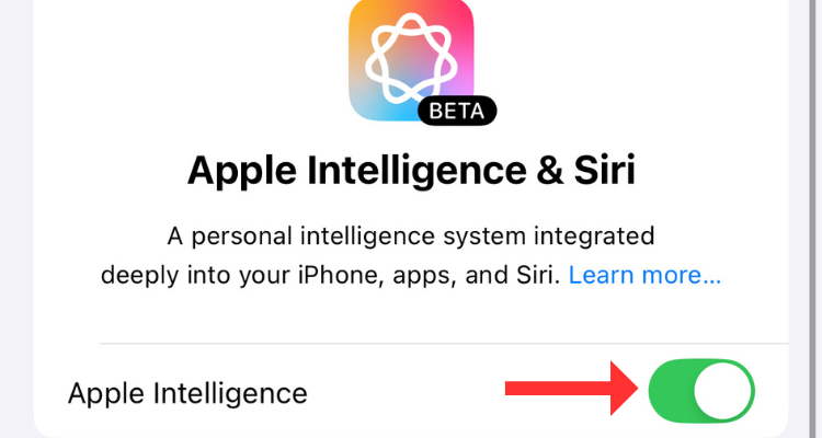 Кнопка Apple Intelligence в меню Настроек.
