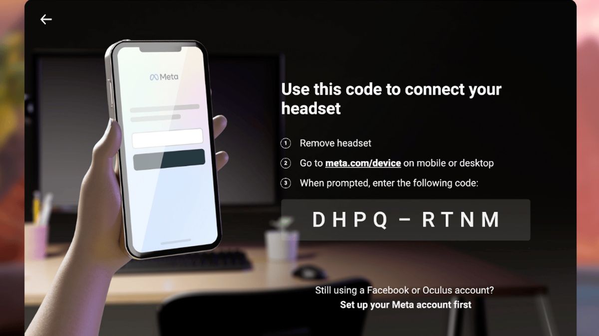 Код для привязки гарнитуры, отображаемый на экране Quest