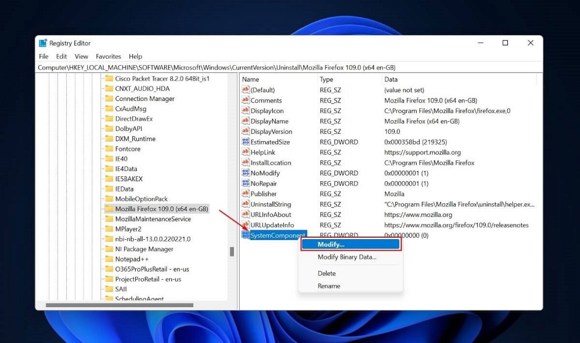 Выбор изменить параметр через контекстное меню