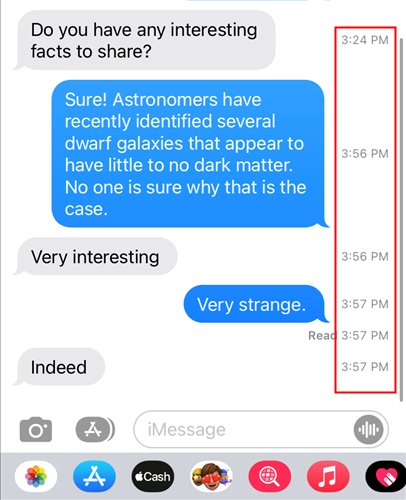 Точные времена отправки iMessage выделены красной рамкой.