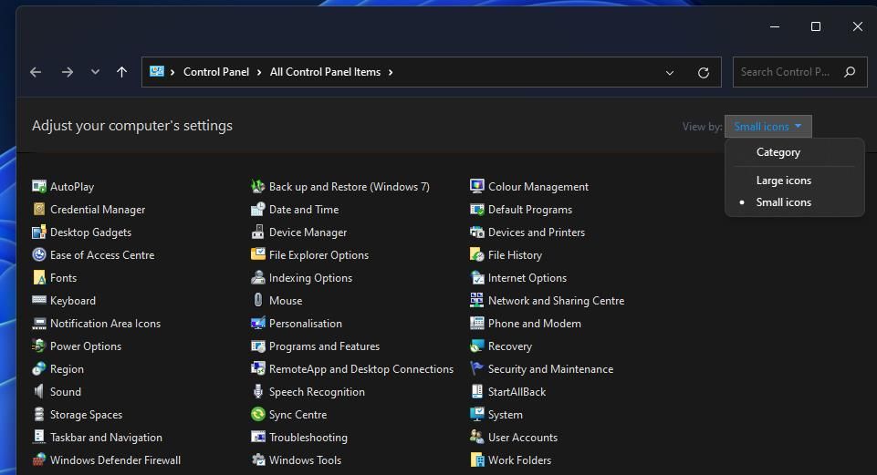 Параметр «Мелкие значки» в Панели управления