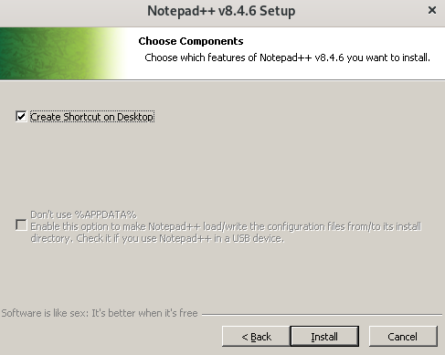 Окно установки Notepad++ в Wine