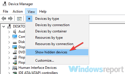 Показать скрытые устройства в Диспетчере устройств