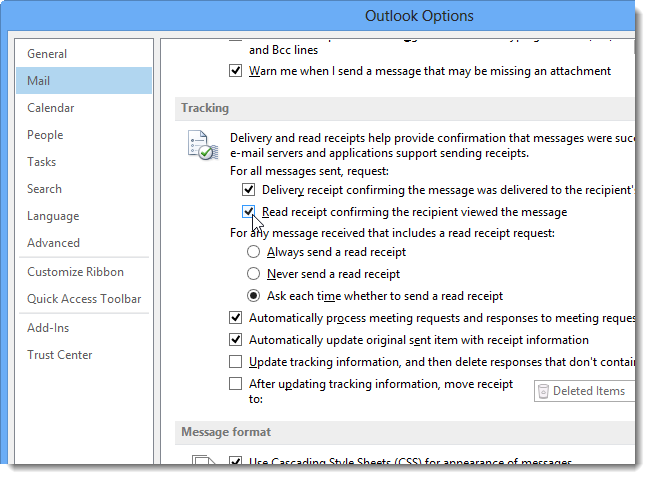 Параметры отслеживания: отмечены запросы подтверждений доставки и прочтения
