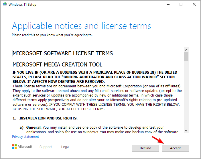Экран принятия условий использования Windows 11