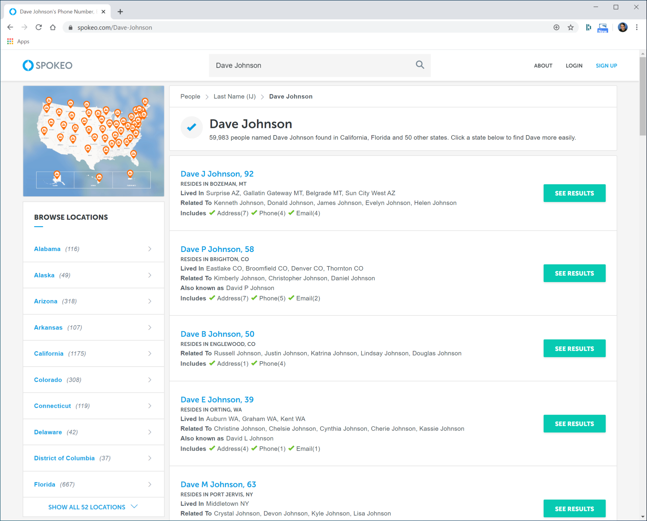 Страница результатов поиска на сайте Spokeo с примером профиля