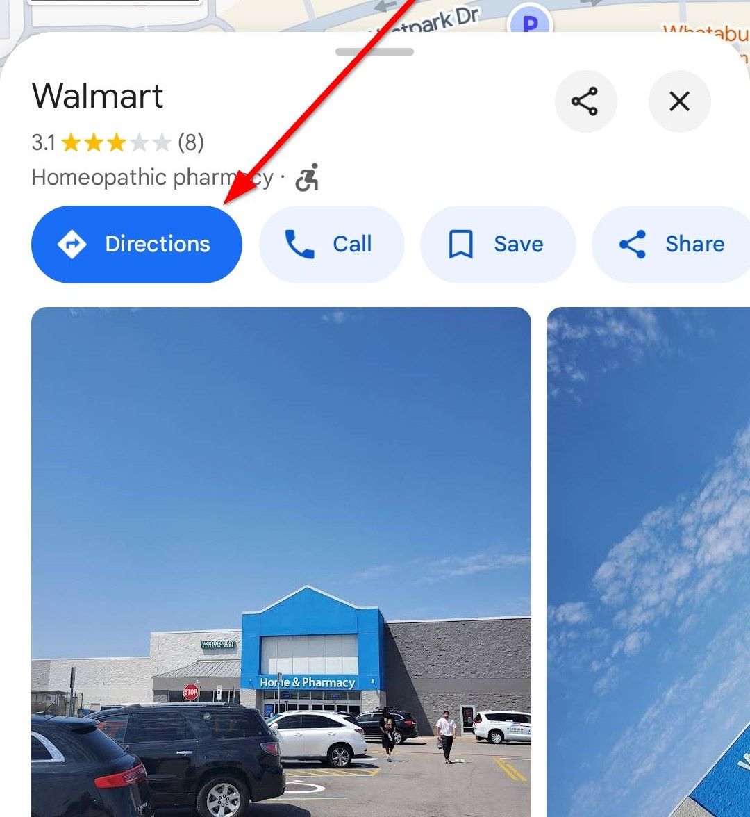 Кнопка маршрута в Google Maps с иконкой стрелки.