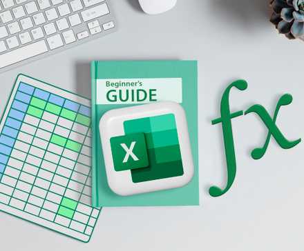 Офисный стол с книгой с логотипом Excel, иконкой функции и клавиатурой.