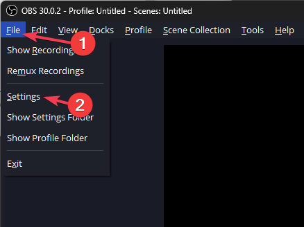 Меню «Файл» → «Настройки» в OBS