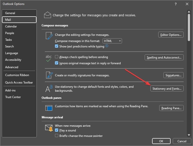 Параметр Шаблоны и шрифты в Outlook