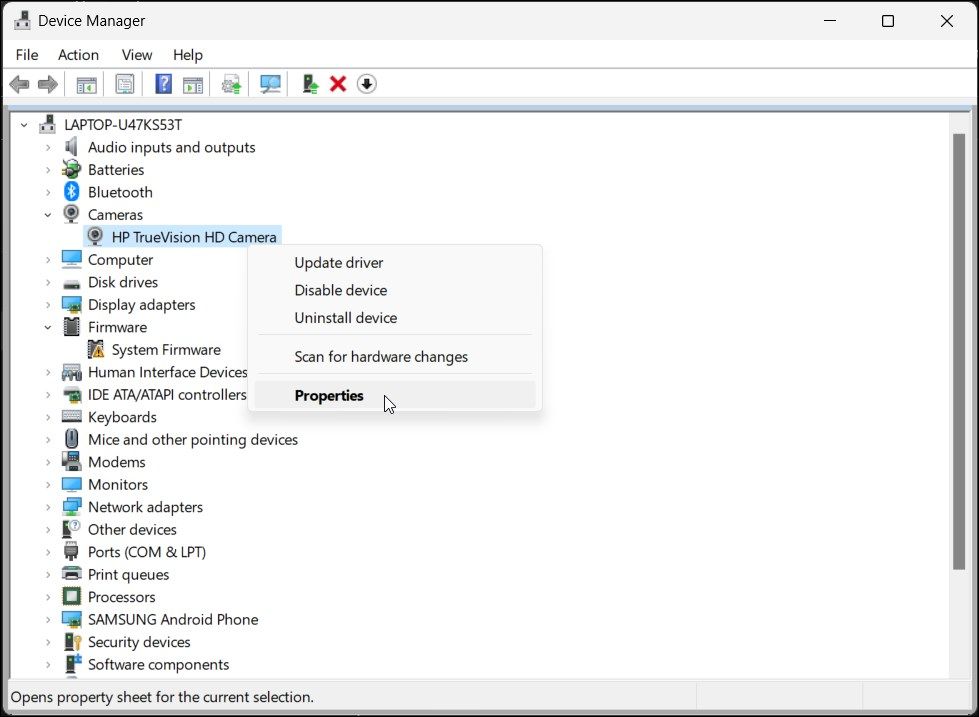 Свойства устройства камеры для отката драйвера