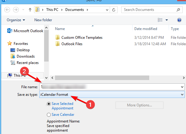 Скриншот: сохранение события как iCalendar (.ics)