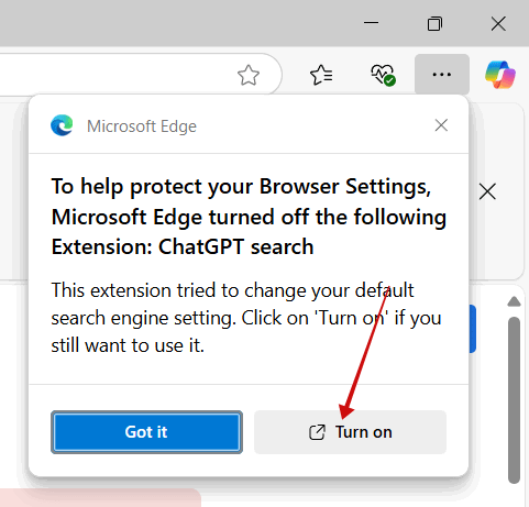 Включение расширения в Microsoft Edge.