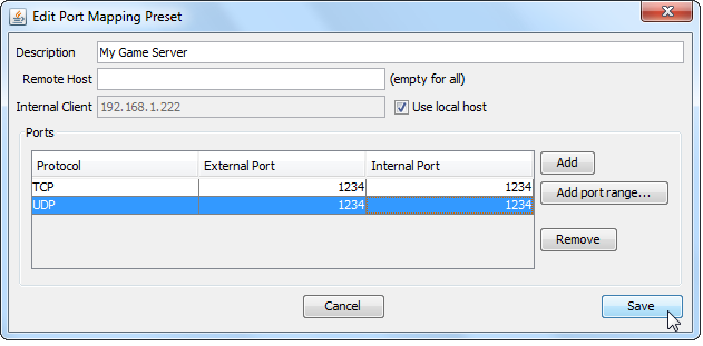 Список пресетов проброса портов в интерфейсе UPnP Port Mapper