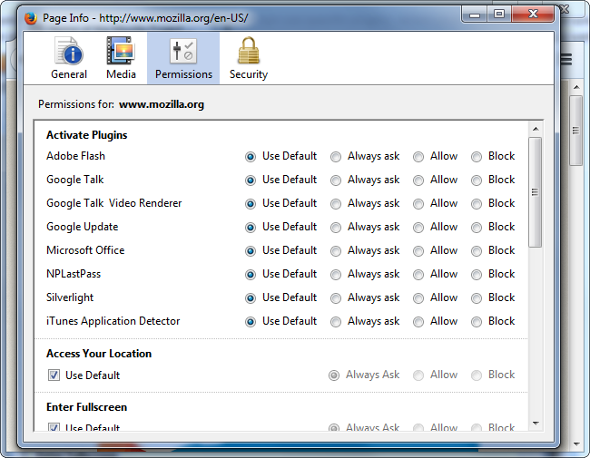 Изменить разрешения сайтов в браузерах
