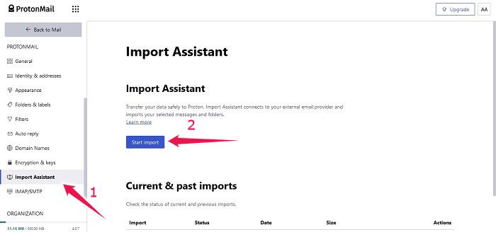 Запуск Import Assistant в ProtonMail