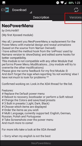 Вкладка версий модуля NeoPowerMenu