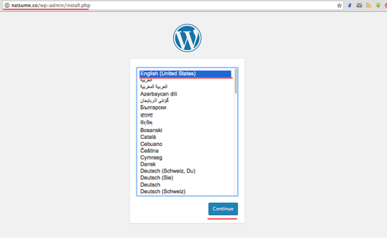 Выбор языка установки WordPress
