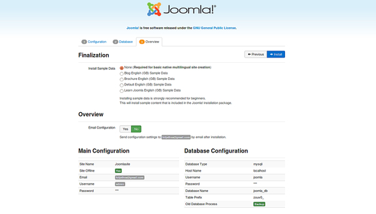 Завершение установки Joomla