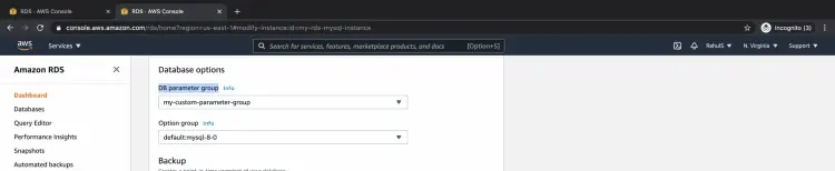 Выбор и назначение созданной группы параметров для экземпляра базы данных