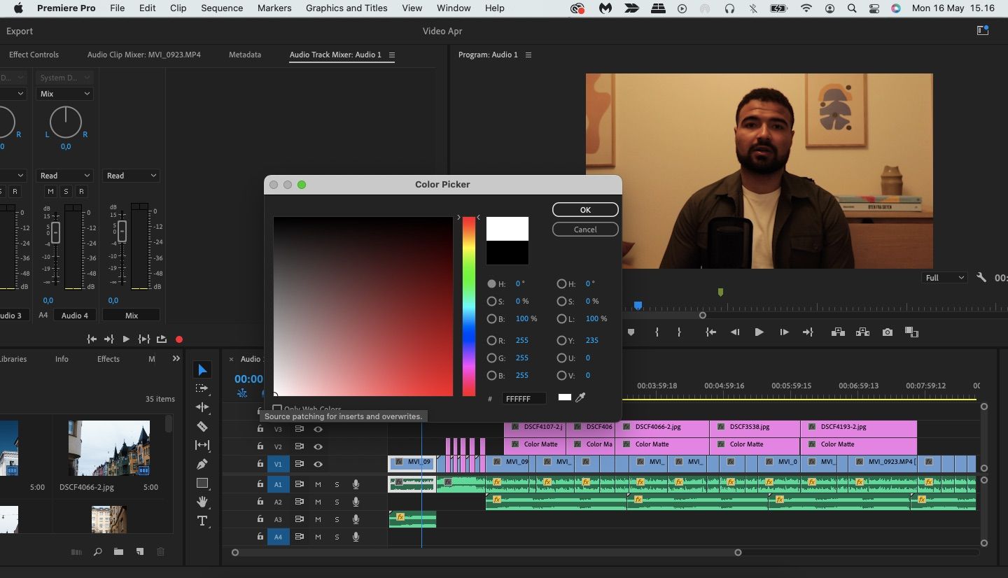 Скриншот: выбор цвета для Color Matte в Premiere Pro