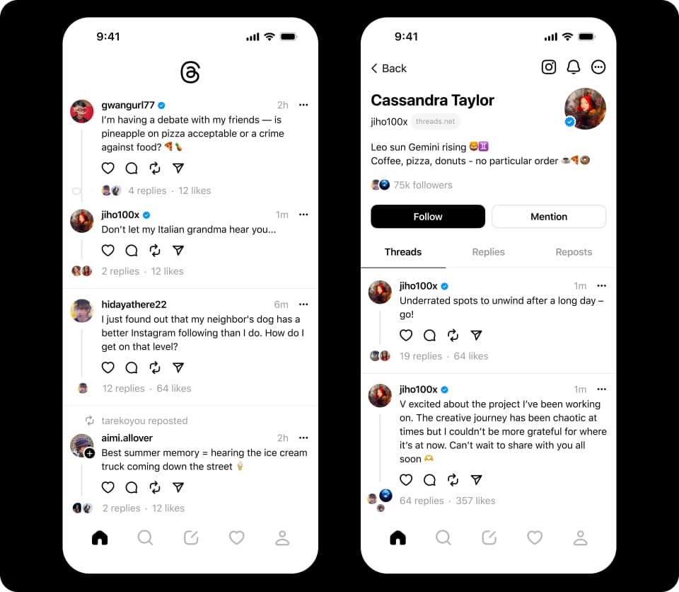 Интерфейс ленты Threads с примерами публикаций и фильтрами