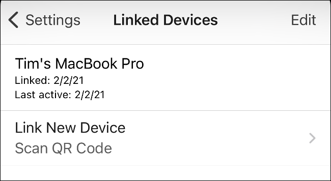 Список привязанных устройств в Signal с кнопкой отключения