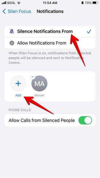Добавление контактов в список людей, уведомления от которых будут отключены