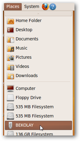 Отображение отформатированного устройства в меню «Места»
