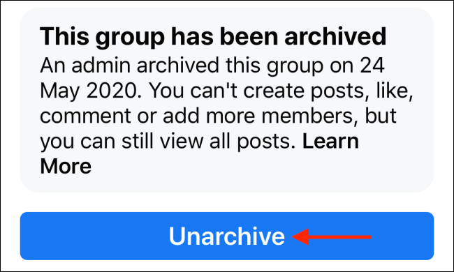 Кнопка «Unarchive» для восстановления группы