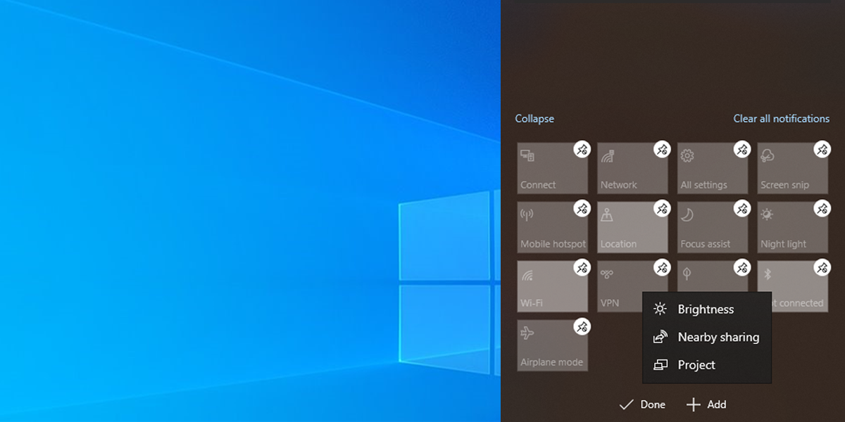 Центр действий Windows с плитками быстрых действий