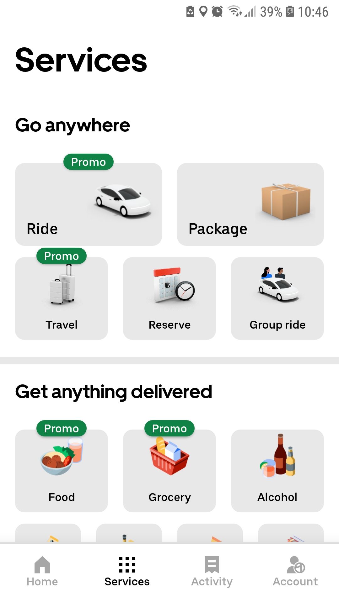 Вкладка сервисов в мобильном приложении Uber