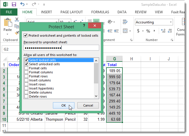 Диалог Защитить лист с параметрами