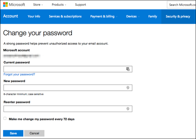 Экран смены пароля в учётной записи Microsoft