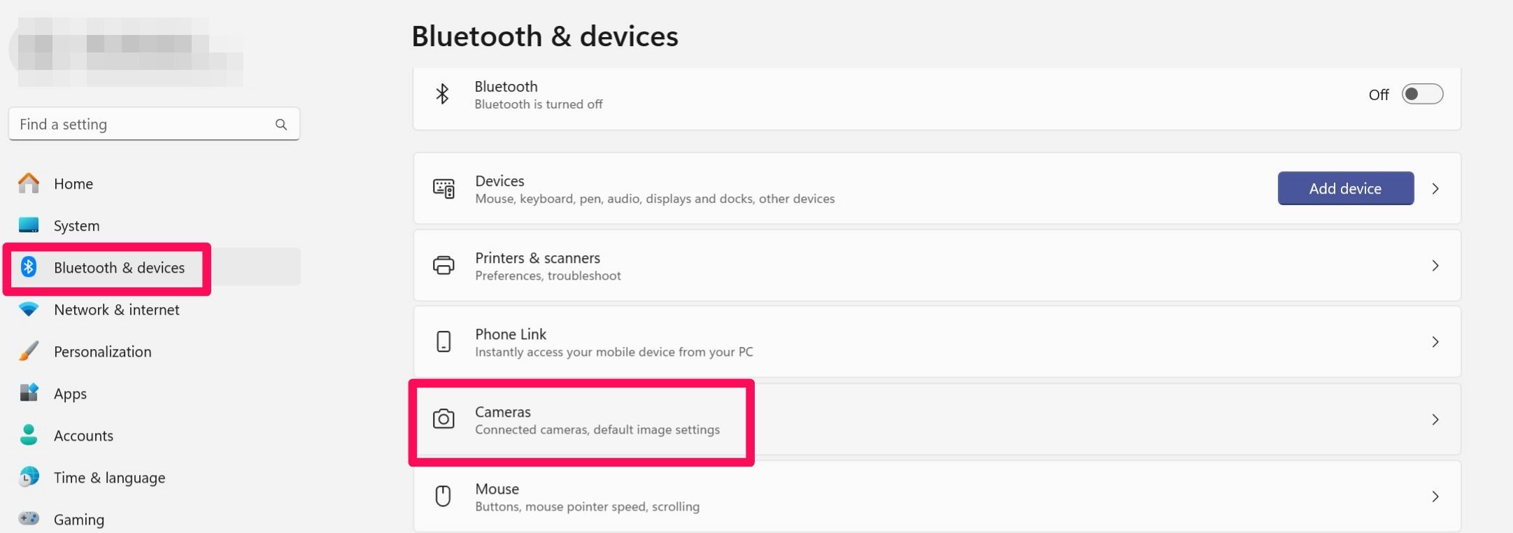 Открытие настроек камер в приложении Параметры Windows 11