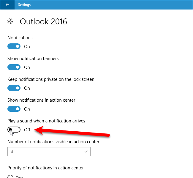 Отключение опции Воспроизводить звук при получении уведомления