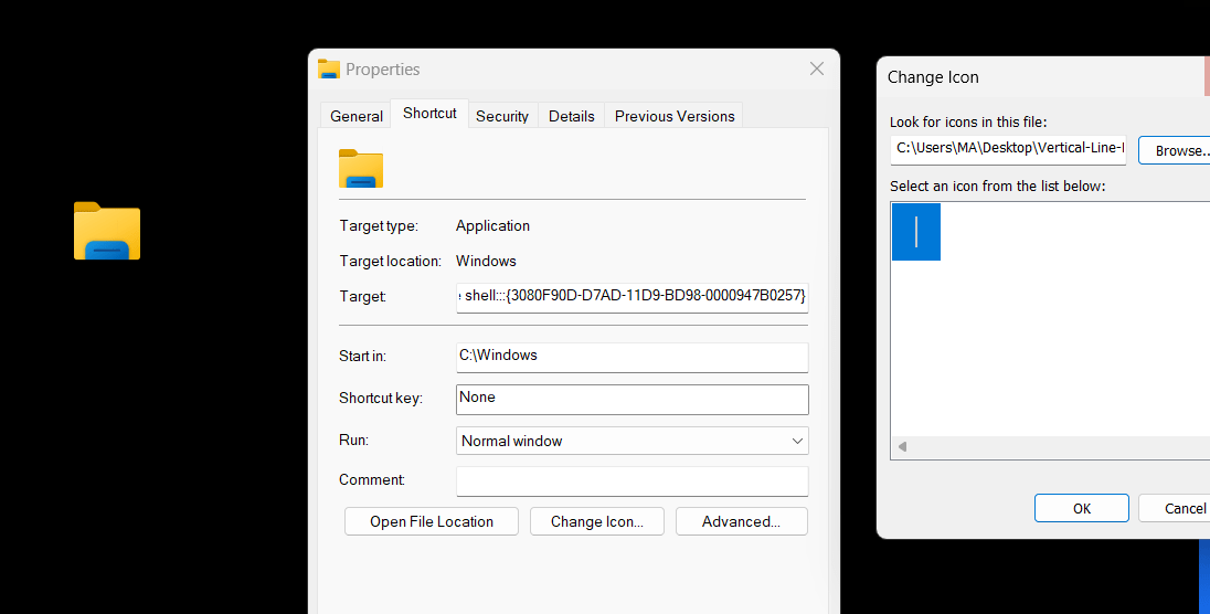 Смена значка у недавно созданного ярлыка