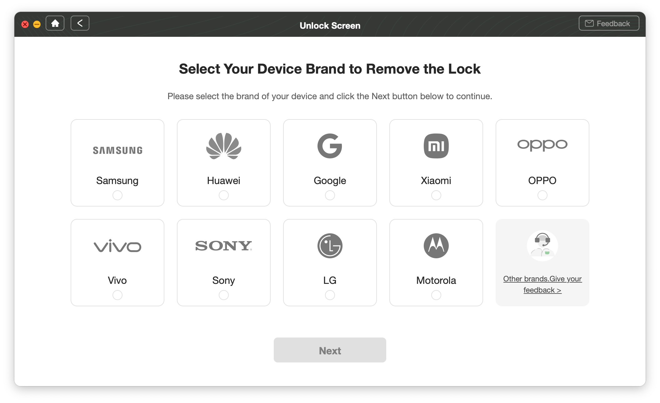 Выберите производителя Android-устройства в DroidKit