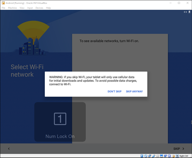 Экран начальной настройки Android в VirtualBox
