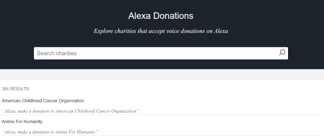 Страница Alexa Donations на сайте Amazon