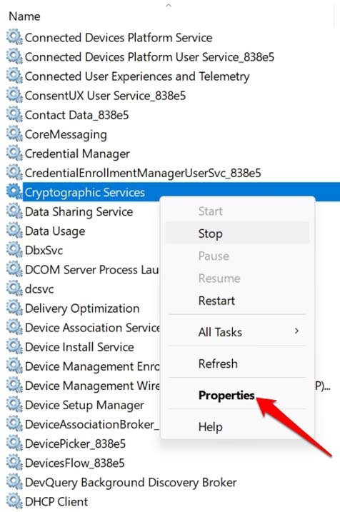 Свойства службы Cryptographic Services