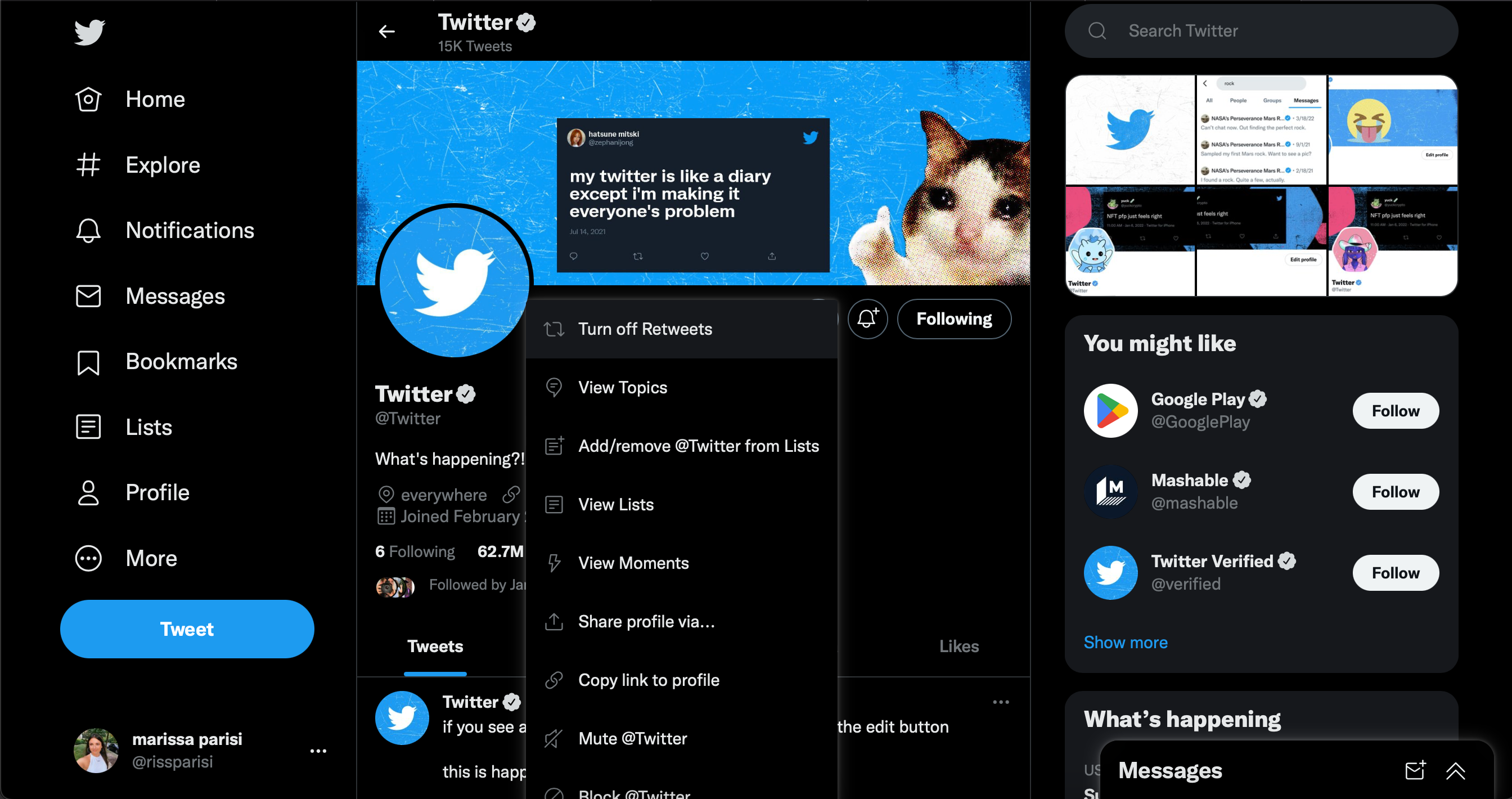 Профиль Twitter в браузере с выпадающим меню