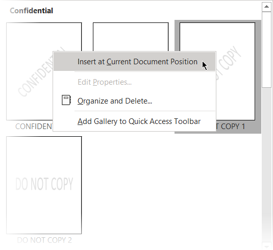 Вставка водяного знака в текущее положение документа