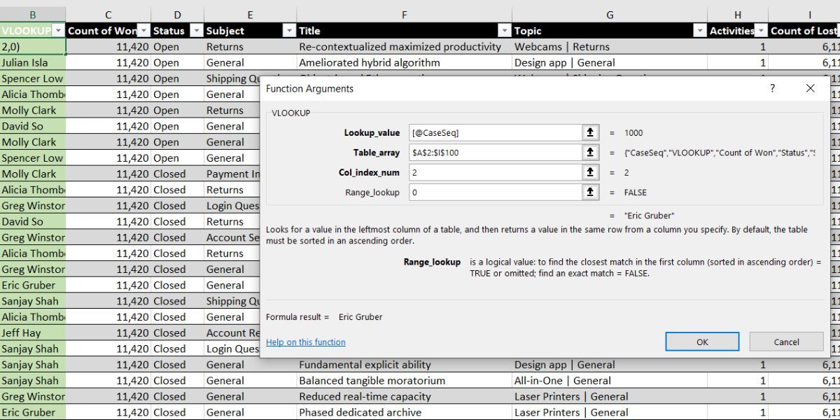 Окно VLOOKUP, показывающее фиксацию диапазона с помощью $