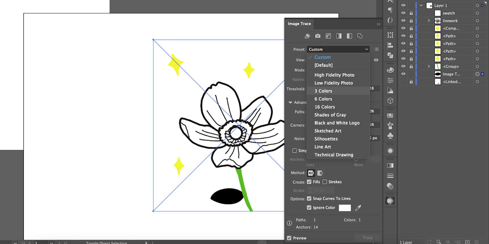 Применение Image Trace к цветному элементу, показаны области трассировки.