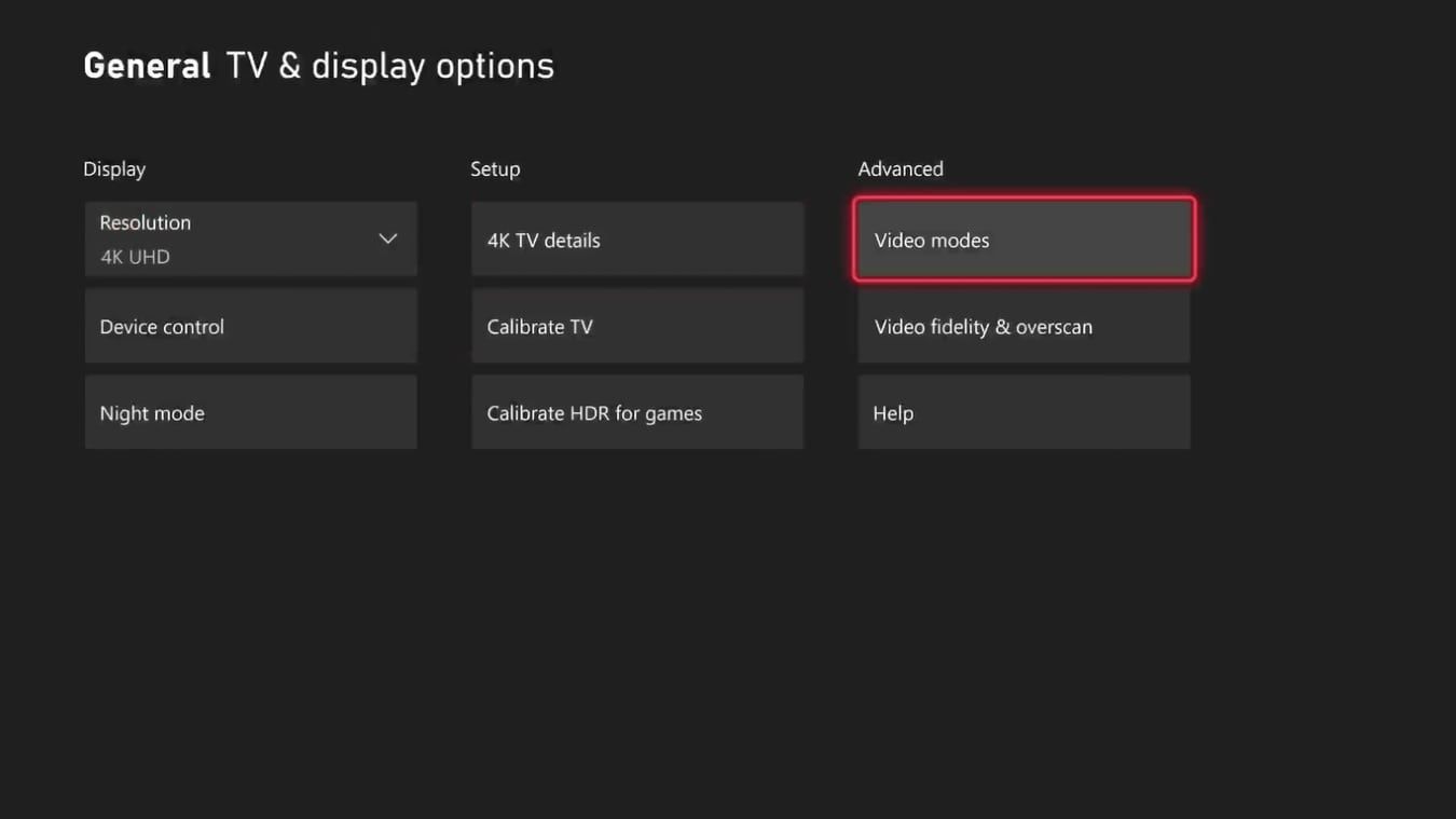 Скриншот раздела Телевизор и параметры дисплея с выделенным Видеорежимы